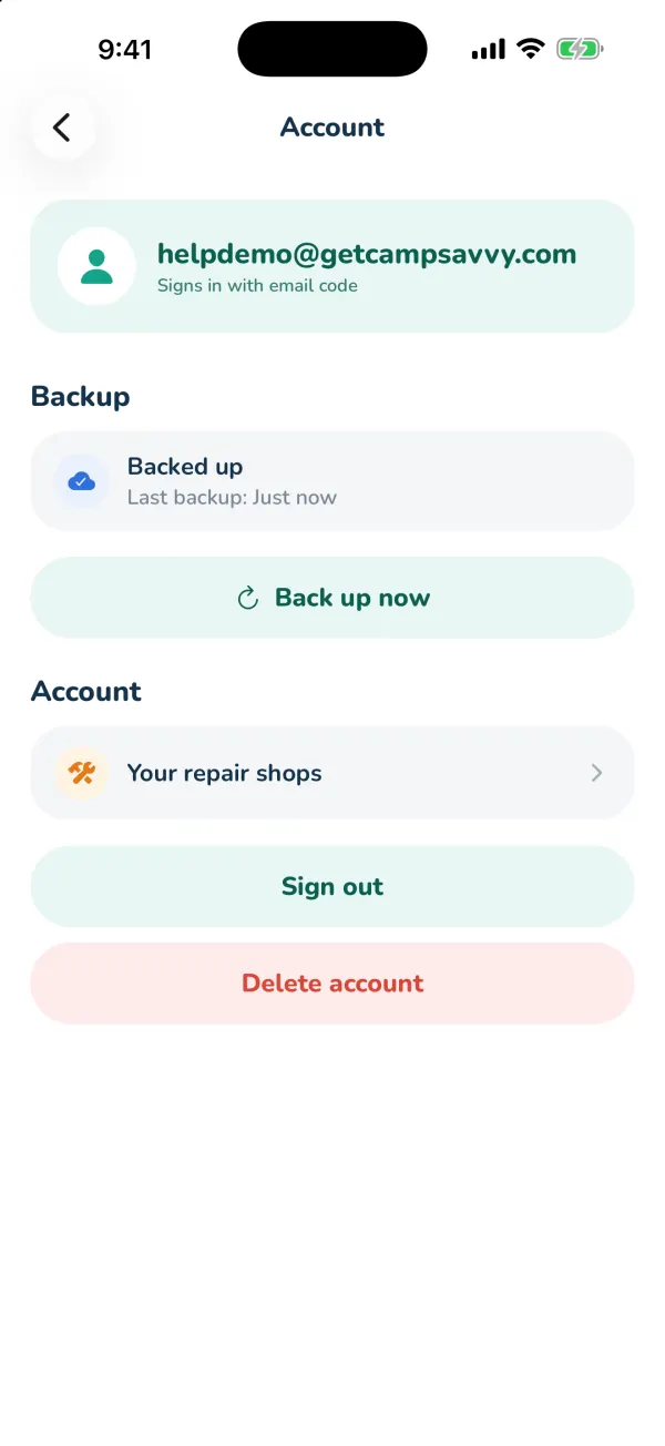Account shows when your data last backed up.