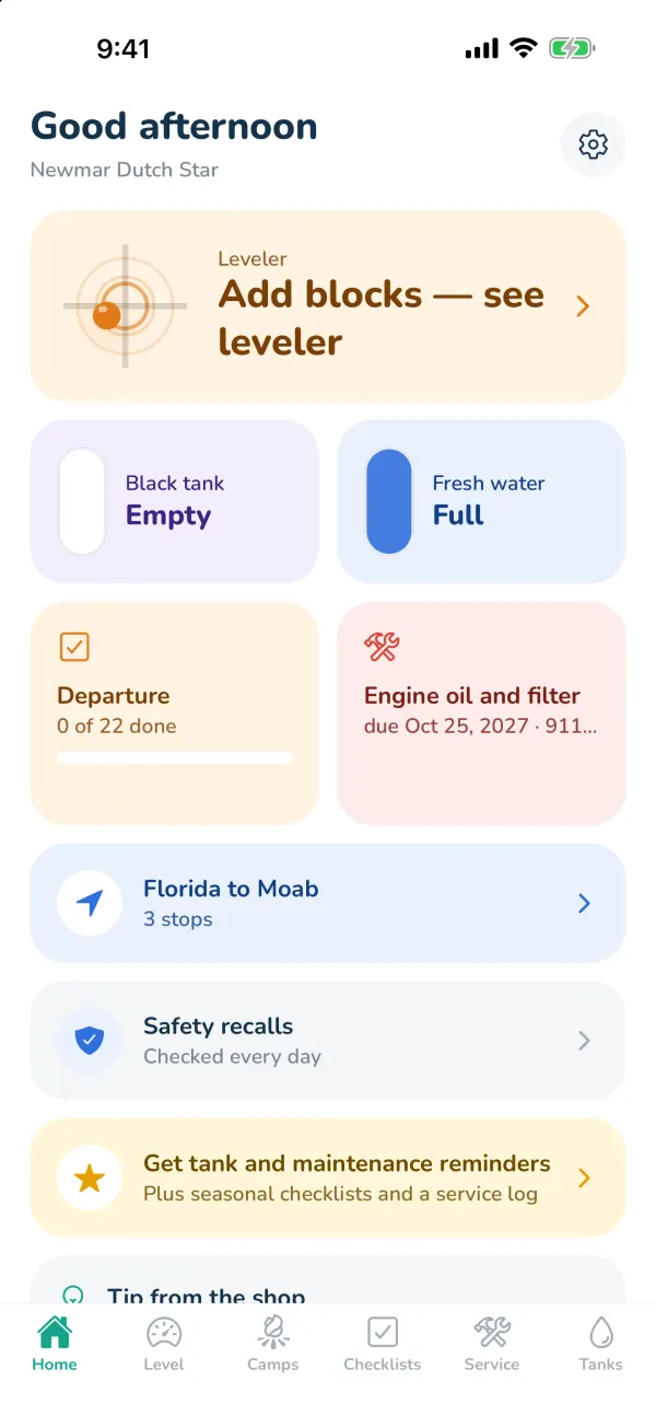 Home: the gear at the top right opens Settings.