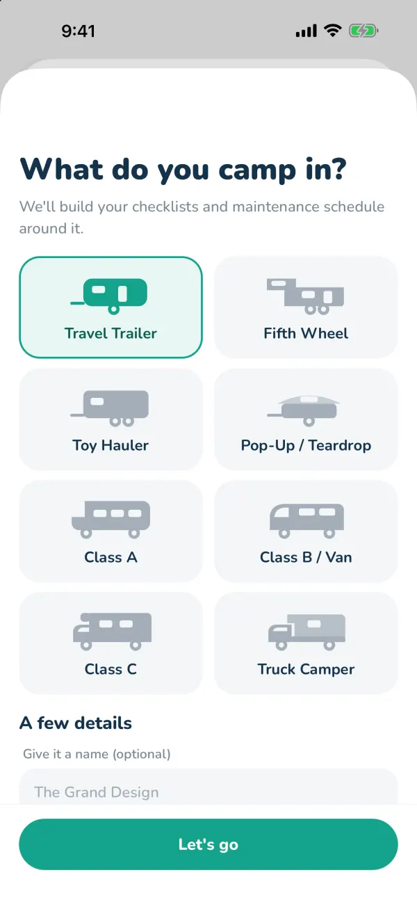 Pick your RV type, then fill in a few details.