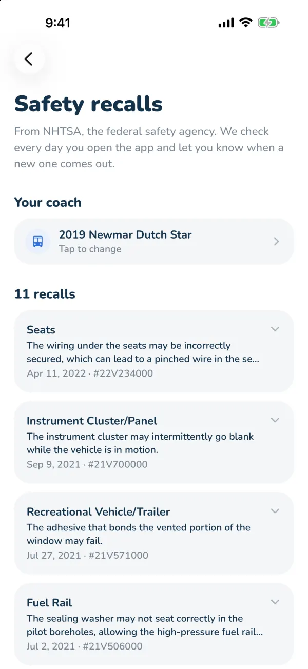 Recalls for your RV, newest first.