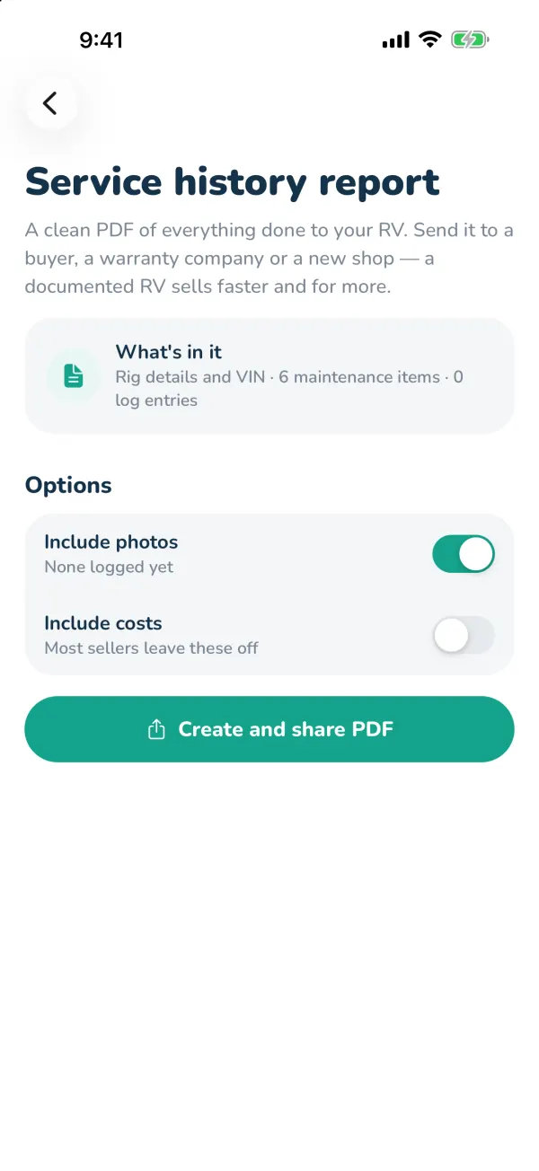Choose whether to include photos and costs, then share.