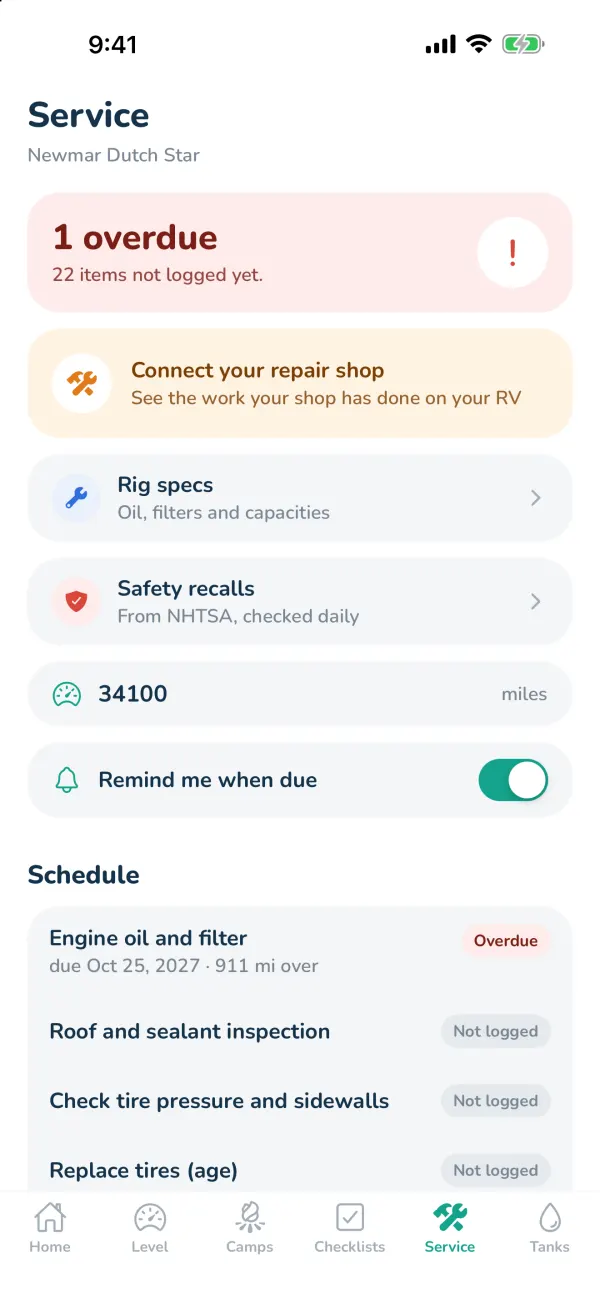 The Service tab: what's overdue, due soon, and good.