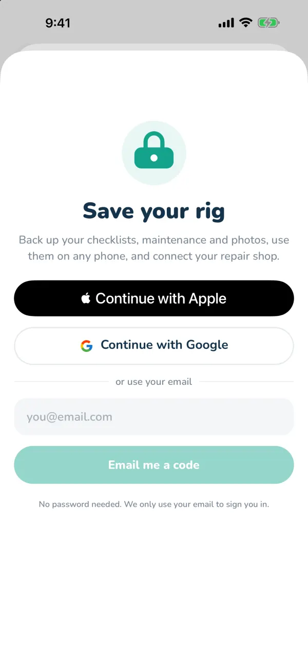 Sign in with Apple, Google or an emailed code.