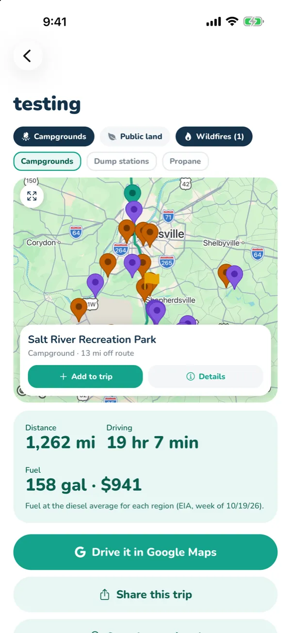 Campgrounds near the end of a day's drive on the trip map, with a park's card open.