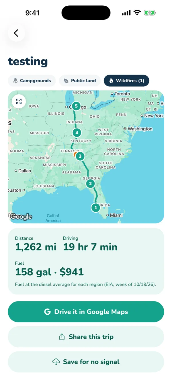 A trip: the route, totals, and each leg.